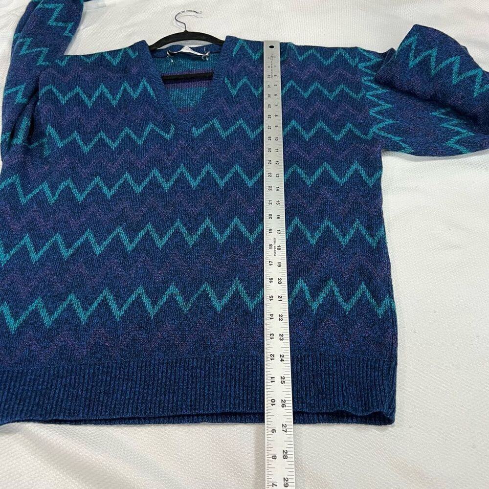 Vintage Jantzen Blue Turquoise Zigzag V Neck Grandpa Sweater Sz L - Picture 2 of 6